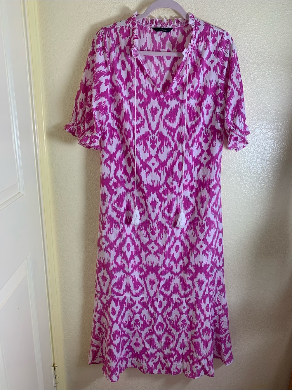 NWOT DOKOTOO Pink Ikat Tie-Front Midi Dress, Size M